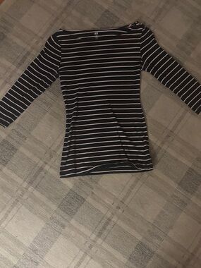 H&M Navy and White Striped Long-Sleeve Boatneck Tee